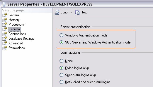 The SQL Server 2005 Server Properties Dialog