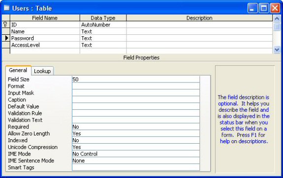 Design View for an Access Table