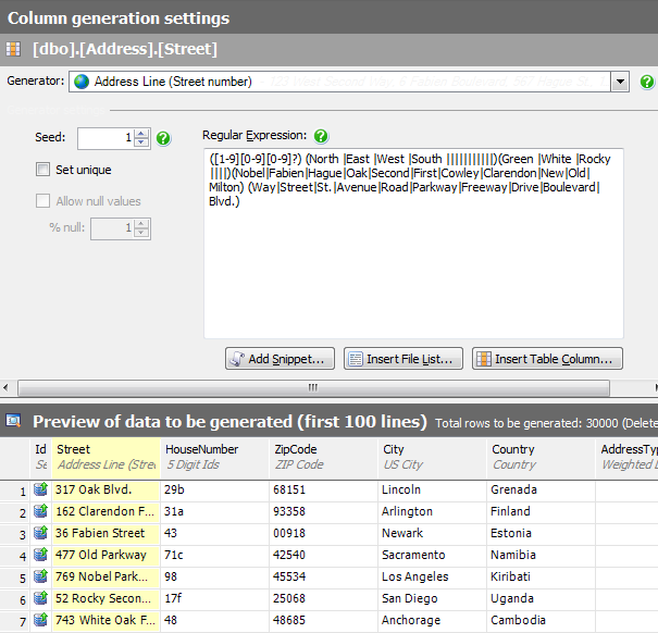 Address table with the Street column