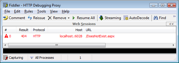 Fiddler showing a correct 404 response