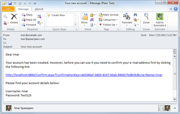 The e-mail message with confirmation link