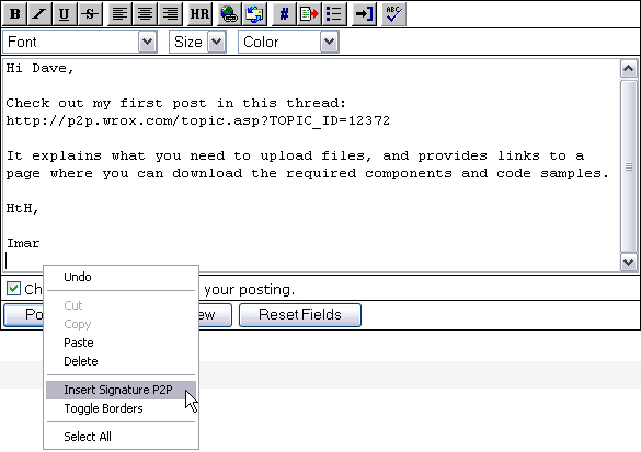 The Message textarea with the new context menu item visible