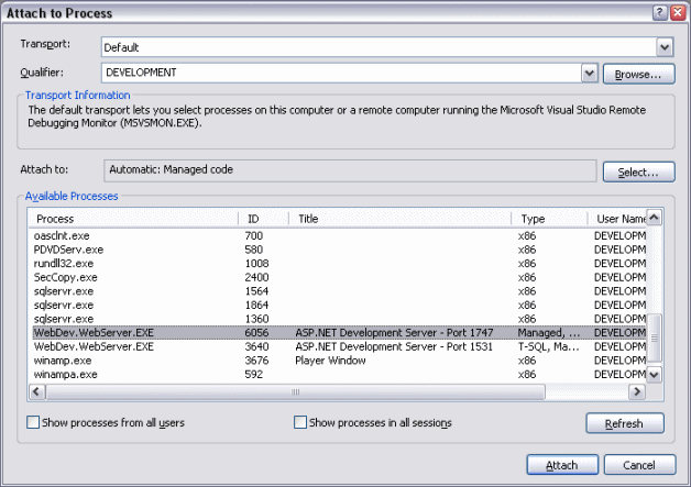 List of Running Processes in Visual Web Developer