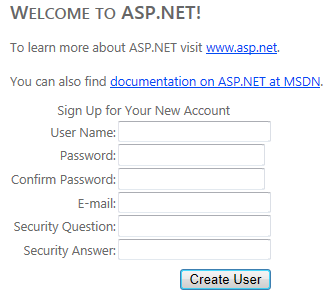 The CreateUserWizard with security question and answer controls