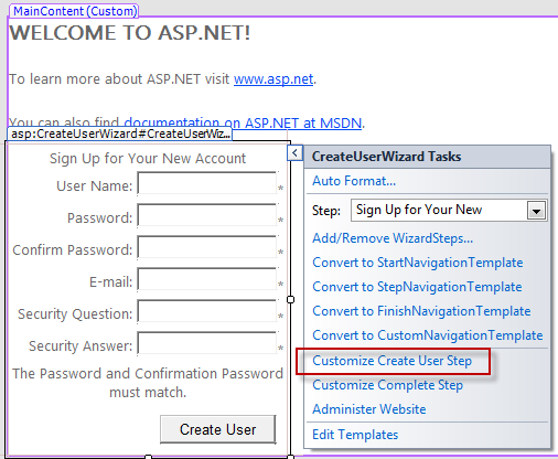 The CreateUserWizard in Design View in Visual Studio 2010