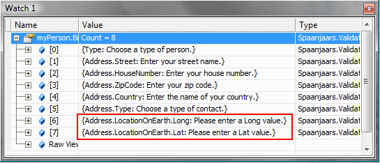 Screen shot of the debugger showing the broken validation rules for the nested objects.
