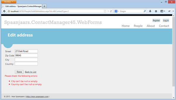 Editing an Address in the Web Forms application