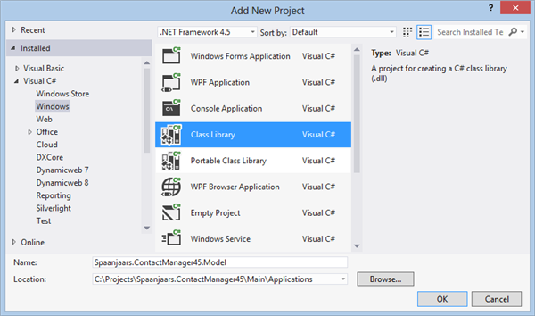 The Add New Project dialog for the Model project