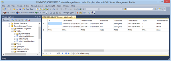 The generated database with the People table