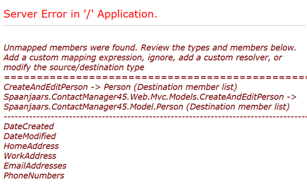 An AutoMapper exception pointing out issues with the mapping configuration