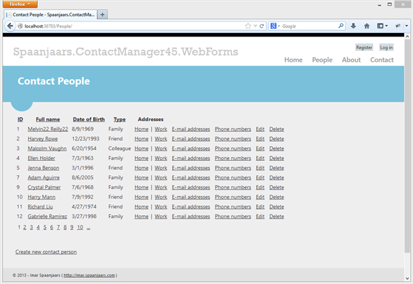 The Web Forms site showing all contact people