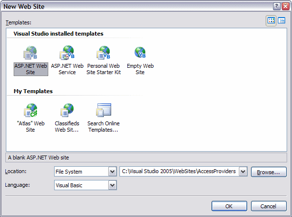 The New Web Site Dialog in Visual Web Developer