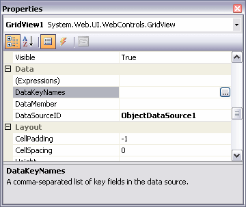 Property Grid for the Grid View showing the empty DataKeyNames property